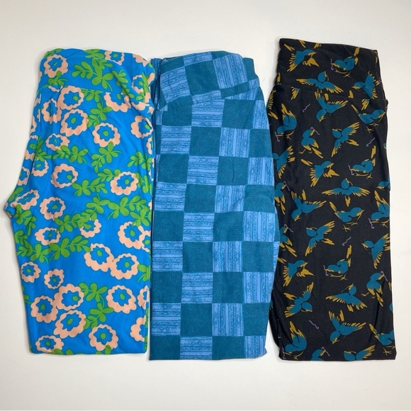 LuLaRoe Leggings OS One Size Set of 3 Blue Floral, Blue Squares, Black Birds - Picture 1 of 7